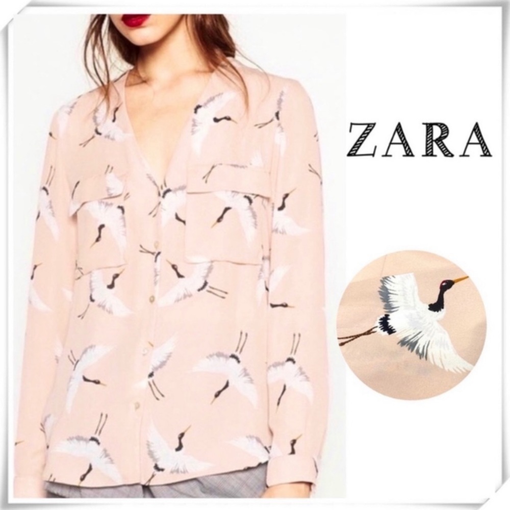 ZARA Crane Bird Print Crape Torch Button up Blouse in Dusty Pink Size XS